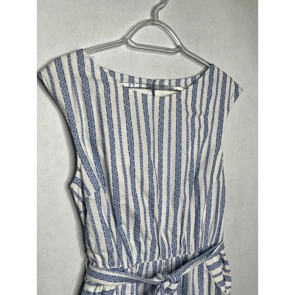 Merona Dress Women Size Small Blue White Striped Belted Pockets Cap Sleeve